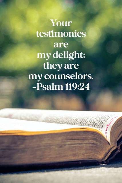 Your testimonies are my delight and counselors. Psalm 119:24