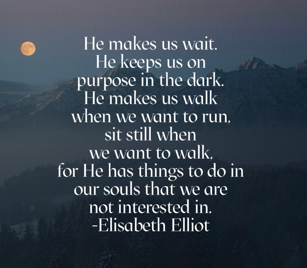 He makes us wait. He keeps us on purpose in the dark. He makes us walk when we want to run, sit still when we want to walk, for He has things to do in our souls that we are not interested in. Elisabeth Elliot, Secure in the Everlasting Arms